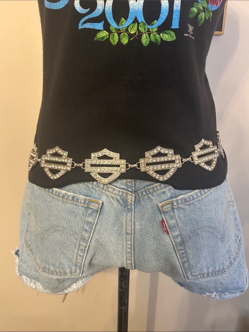 Y2K Harley Davidson Rhinestone Shield Chain Belt - Silver